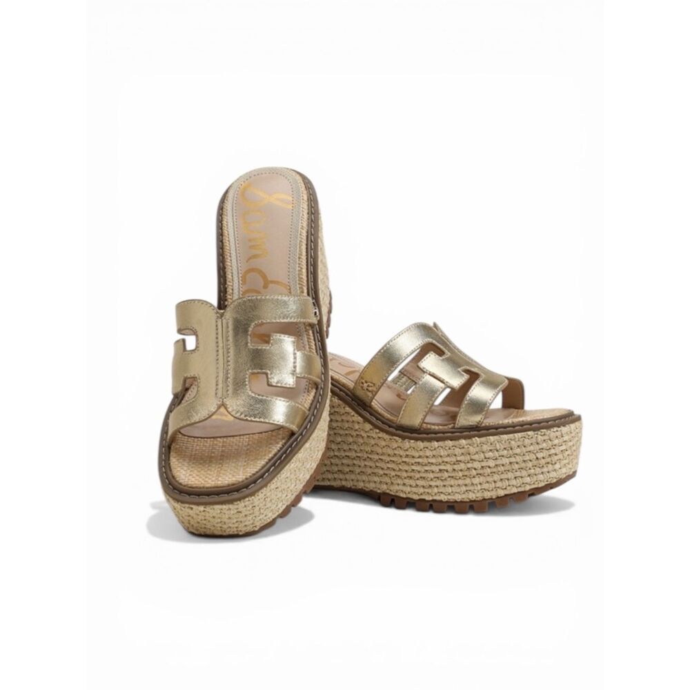 NEW Sam Edelman Laine Platform Wedge Sandal Gold Leather Size 9.5 - Picture 1 of 5